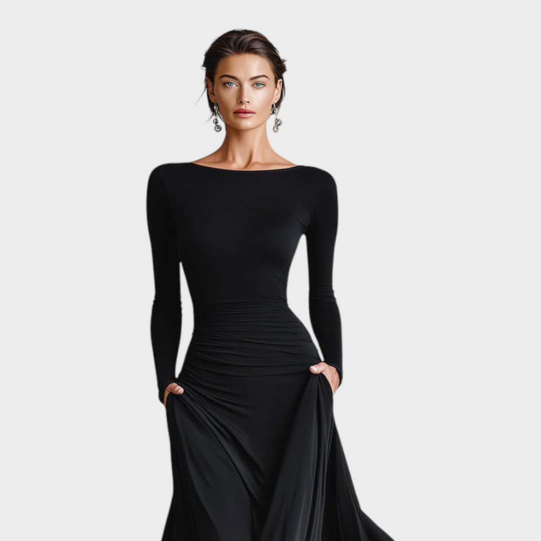 Mia | Boat Neck Long Sleeve Draped Fit And Flare Maxi Autumn Evening Black Tie Dress Women