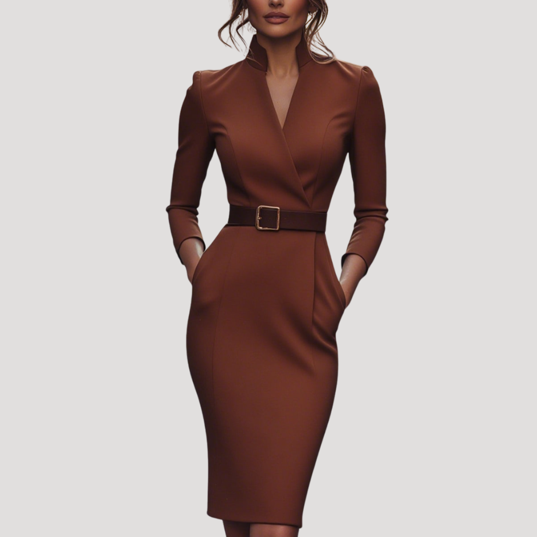 Darcy | Bodycon Belted V Neck Autumn Work Interview Midi Long Sleeve Dress Women