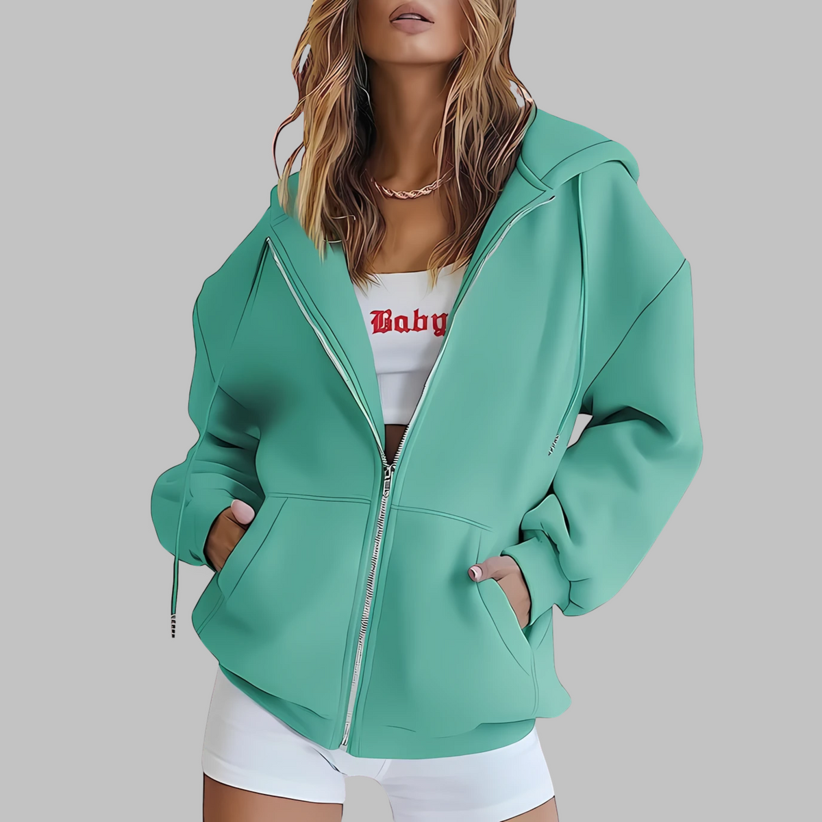 Isla | Zip Up Drawstring Pockets Fleece Oversized Longline Hoodie Women