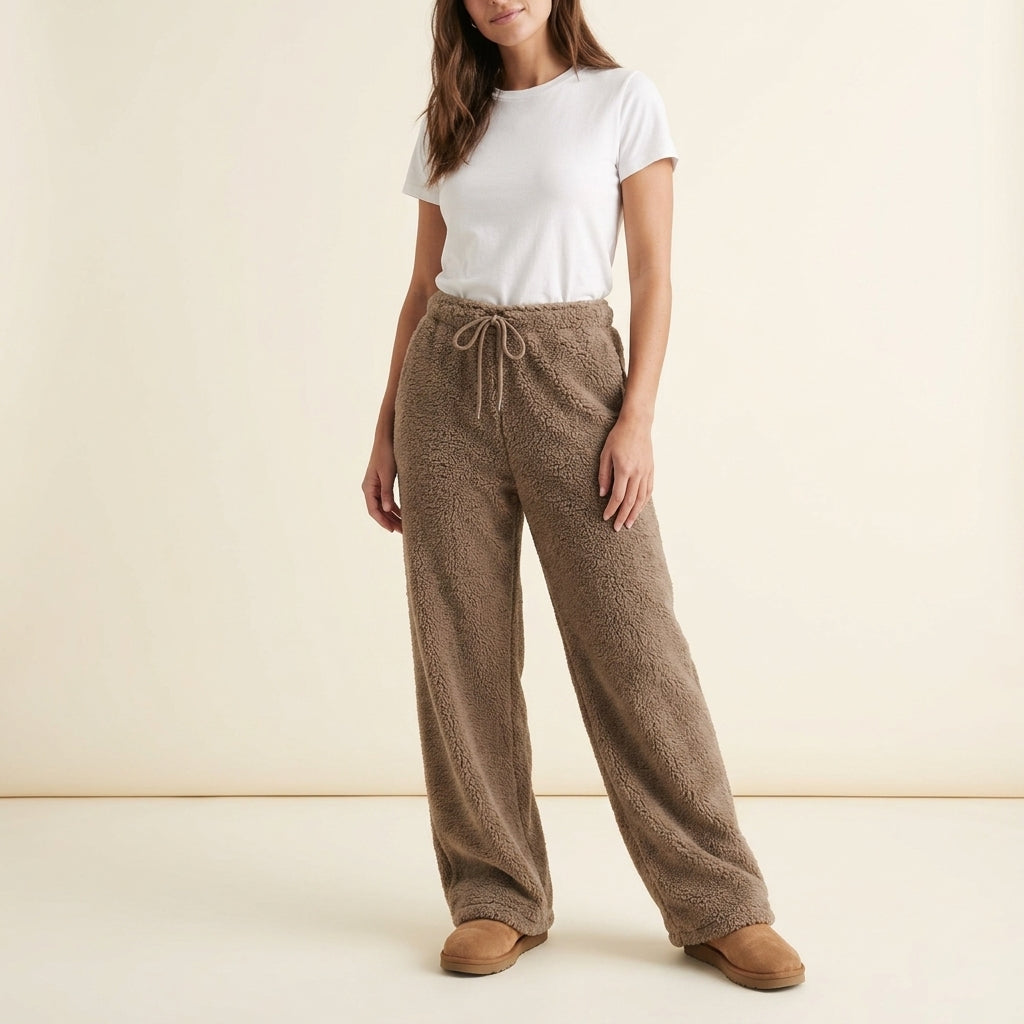 Amie | Drawstring Elasticated Waist Side Pockets Open Hem Winter Wide Leg Fleece Joggers Women