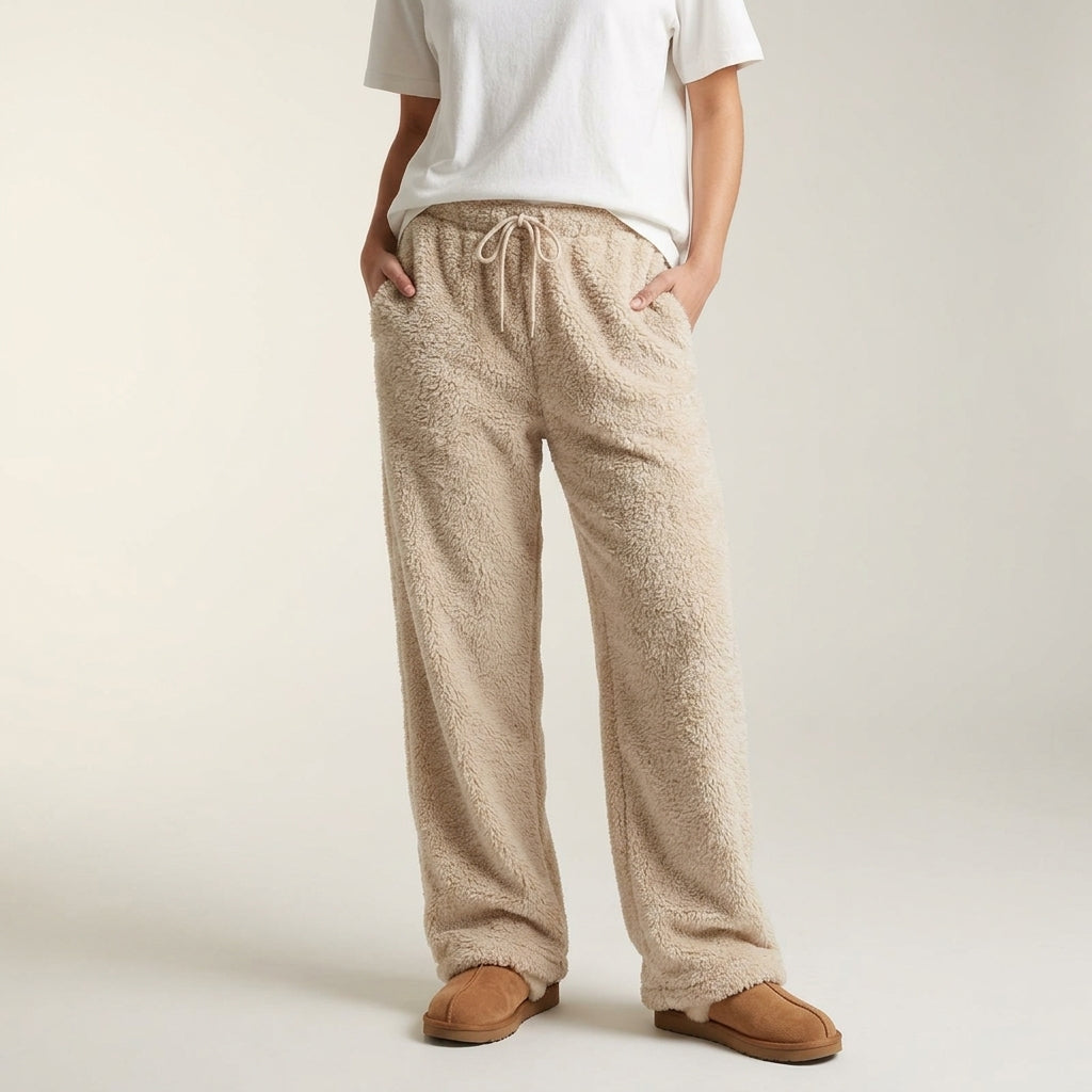 Amie | Drawstring Elasticated Waist Side Pockets Open Hem Winter Wide Leg Fleece Joggers Women