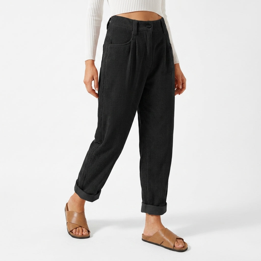 Pia | High Waisted Pleated Corduroy Turn Up Cropped Autumn Tapered Trousers Women