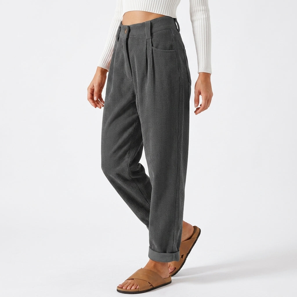 Pia | High Waisted Pleated Corduroy Turn Up Cropped Autumn Tapered Trousers Women