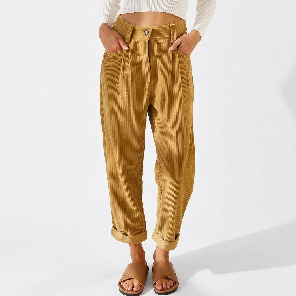 Pia | High Waisted Pleated Corduroy Turn Up Cropped Autumn Tapered Trousers Women