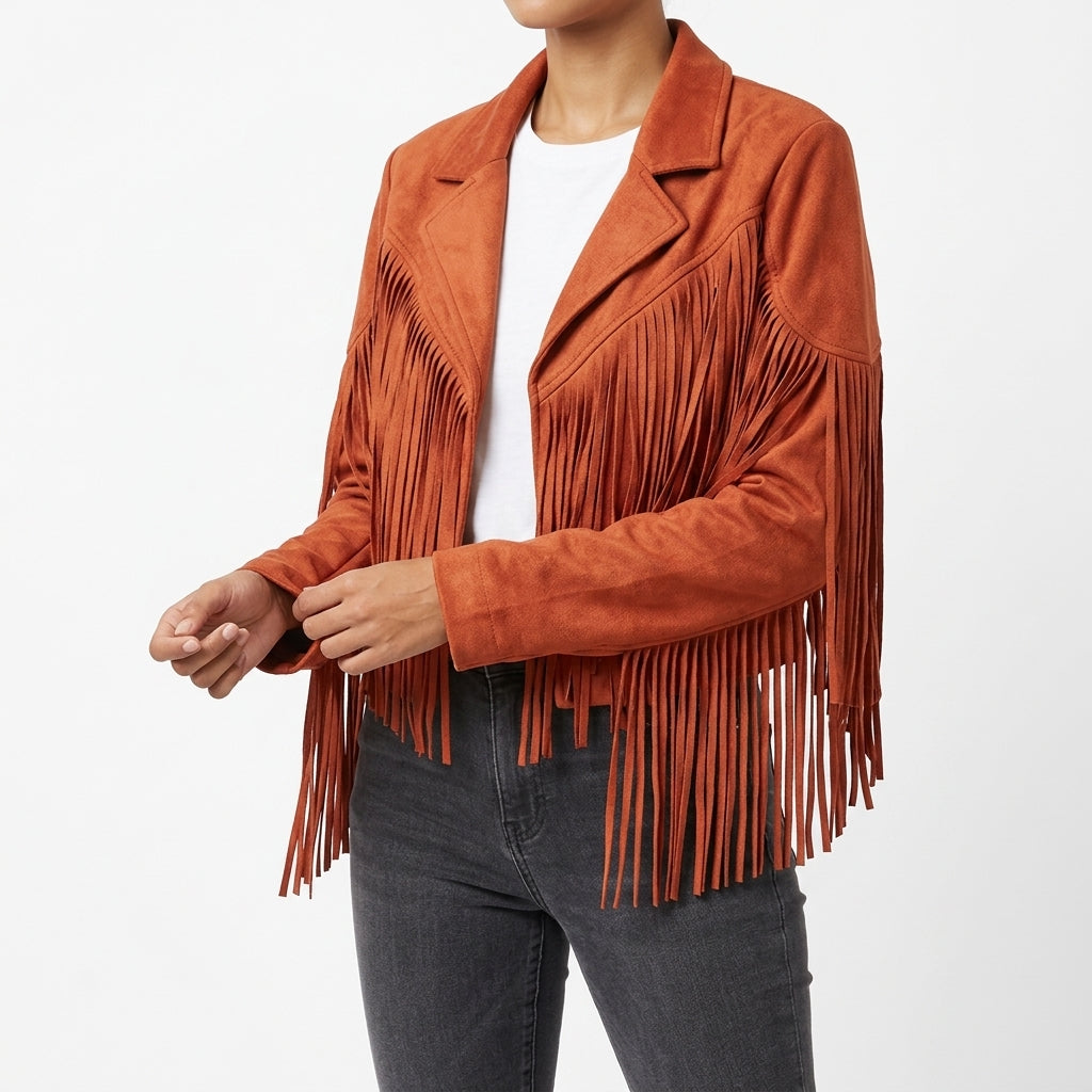 Zoe | Cropped Fitted Collared Lapel Fringe Autumn Faux Suede Blazer Women