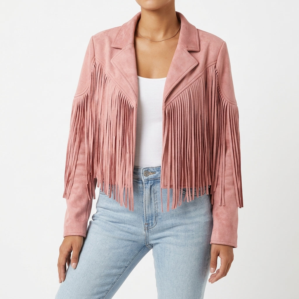 Zoe | Cropped Fitted Collared Lapel Fringe Autumn Faux Suede Blazer Women