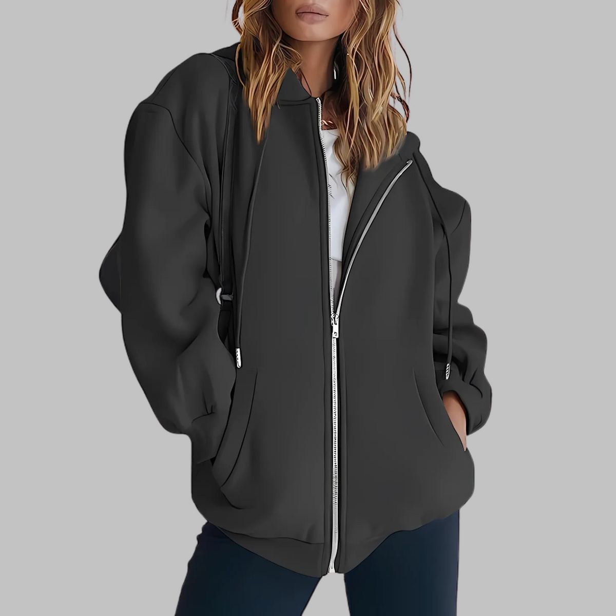 Isla | Zip Up Drawstring Pockets Fleece Oversized Longline Hoodie Women