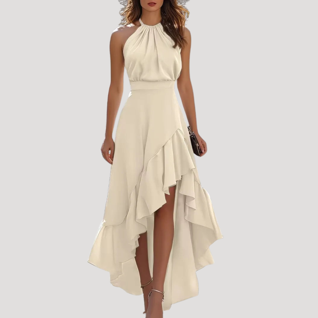 Wren | Halter Ruffled Asymmetric Flowy High Waisted Maxi Occasion Evening Dress Women