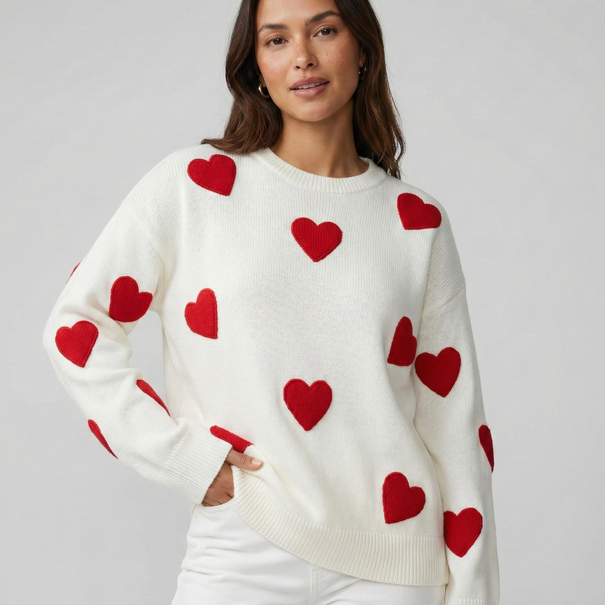 Maria | Oversized Heart Embroidered Drop Shoulder Long Sleeve Autumn Winter Crew Neck Jumper Women