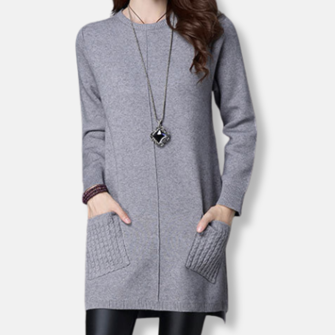 Zara | Knitted Round Neck Long Sleeve Oversized Autumn Winter Tunic Pockets High Low Mini Jumper Dress Women