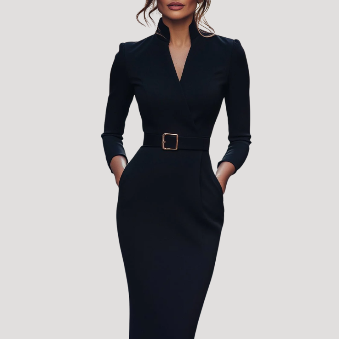 Darcy | Bodycon Belted V Neck Autumn Work Interview Midi Long Sleeve Dress Women