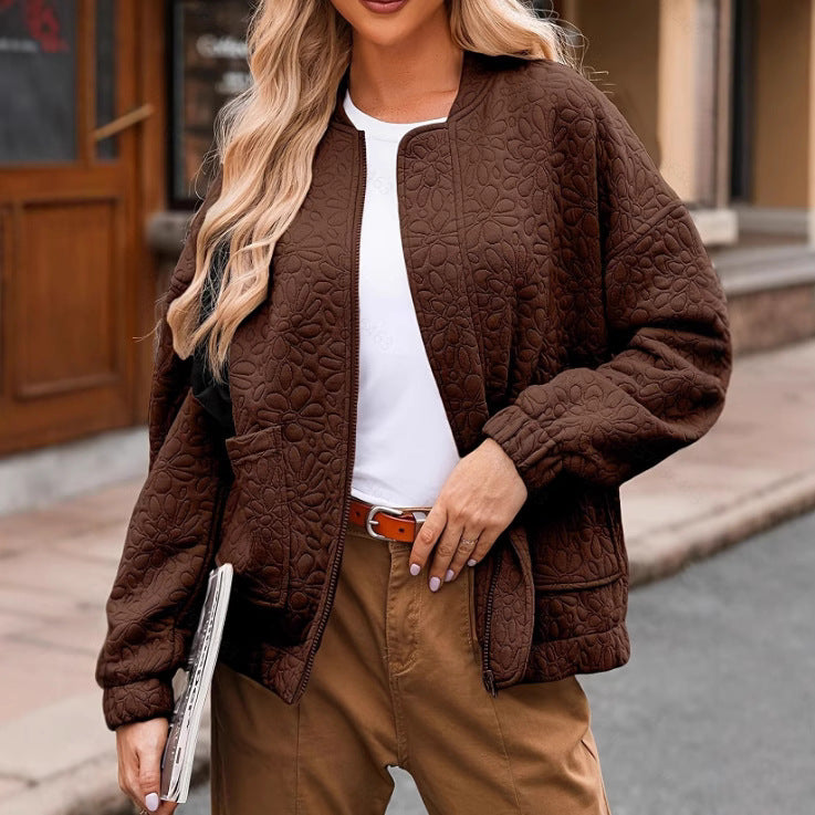 Zia | Floral Quilted Zip Up Pockets Autumn Oversized Bomber Jacket Women