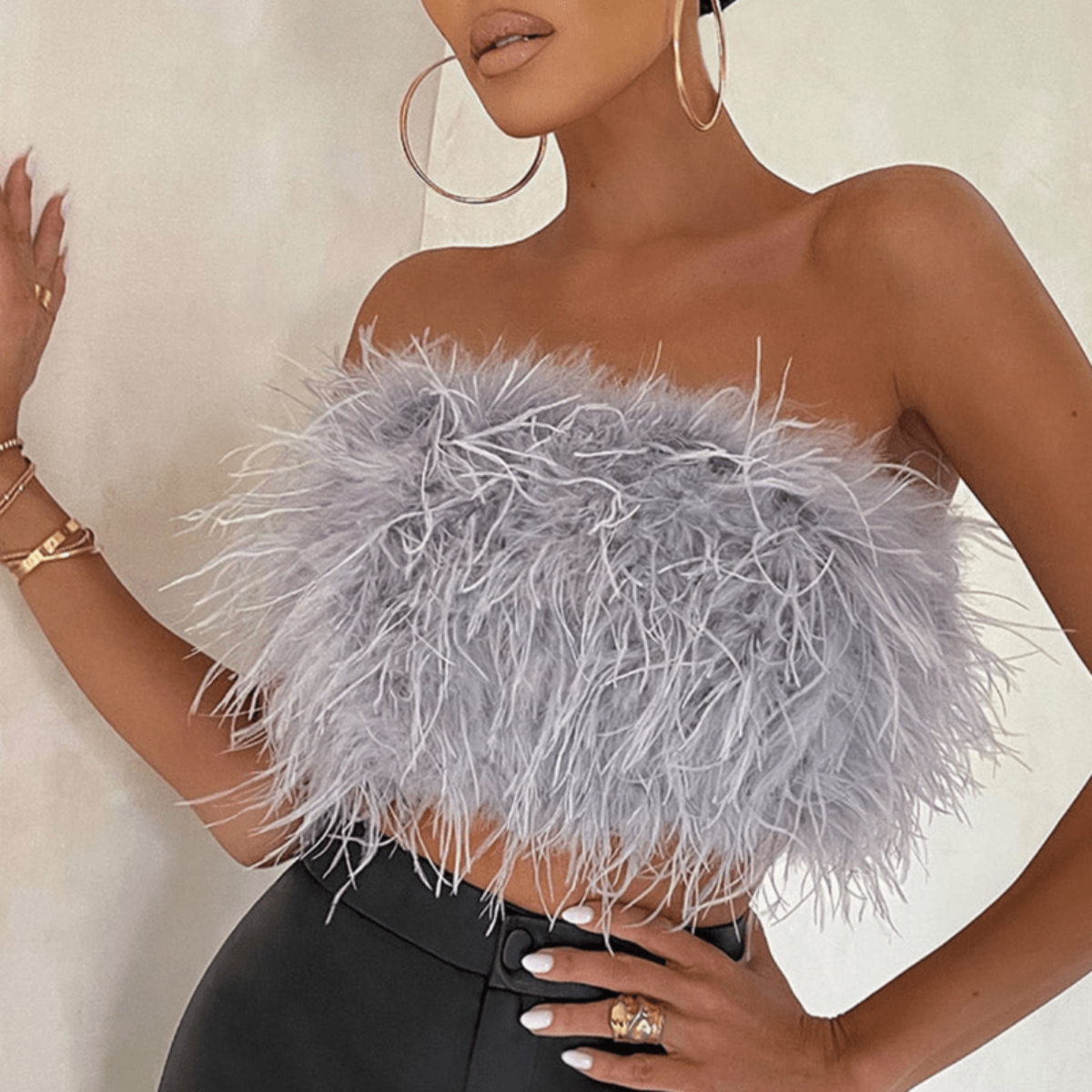 Ciara | Party Feather Textured Sleeveless Strapless Going Out Tube Bandeau Crop Top Women