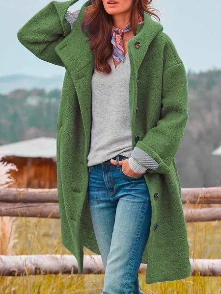 Hooded Longline Wool Coat with Buttons - Raspberry Pink