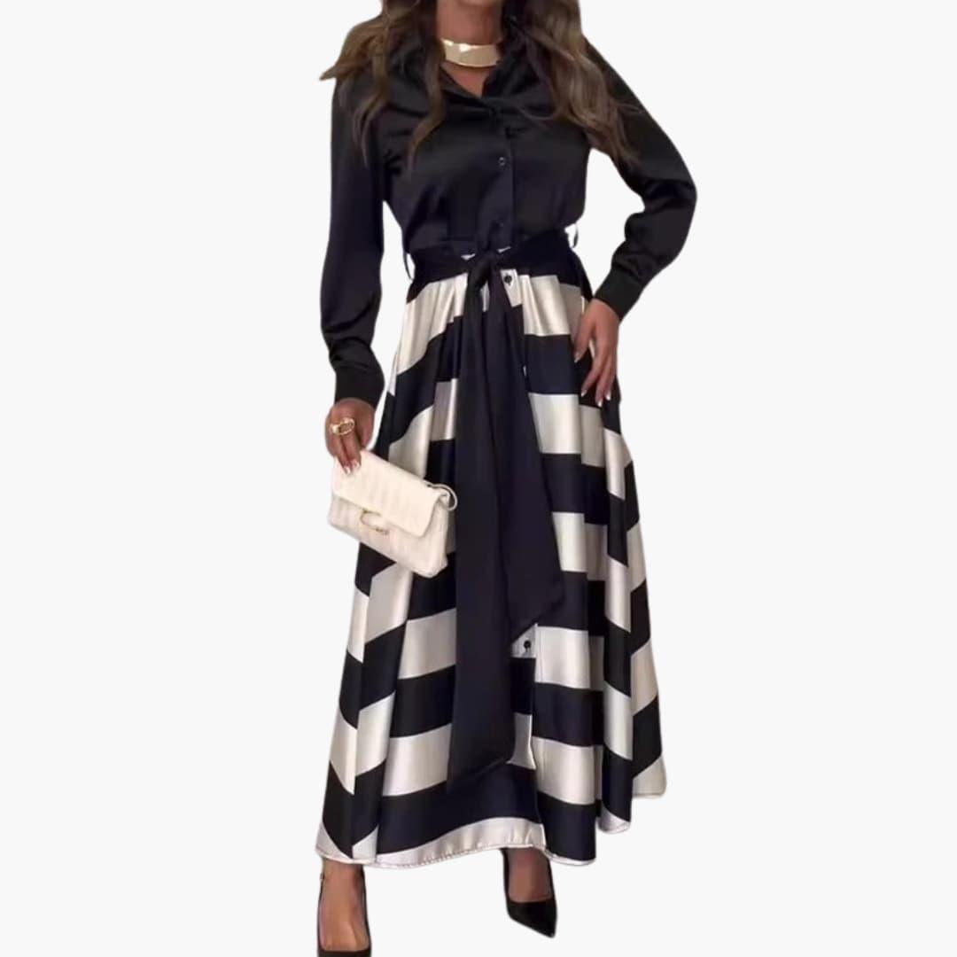 Tilly | Striped Belted Satin Button Down Long Sleeve Maxi Collared Autumn Dinner Shirt Dress Ladies