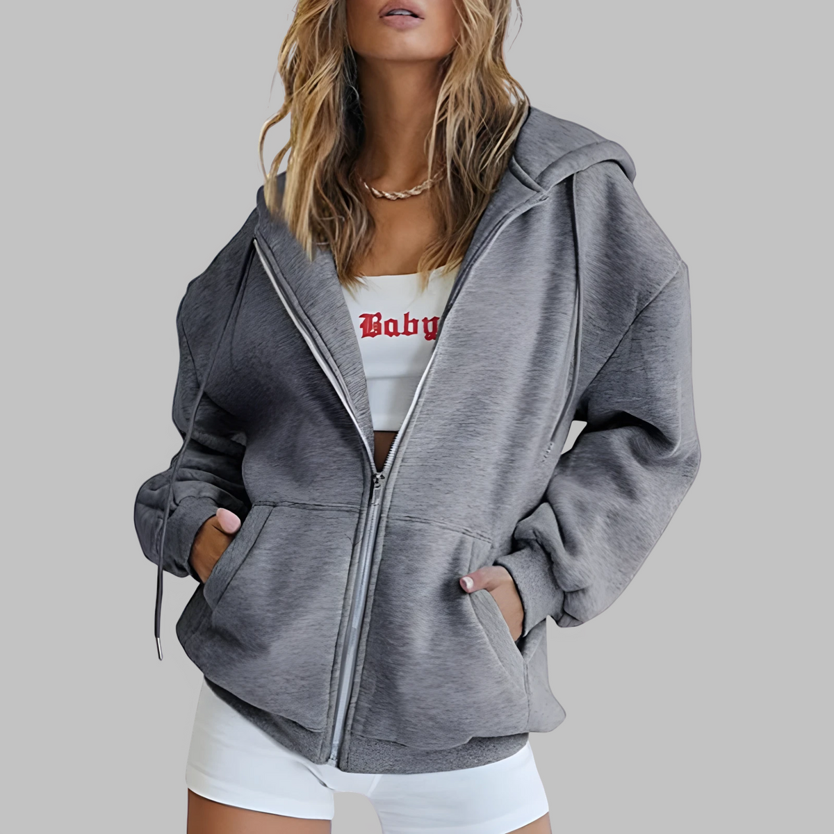 Isla | Zip Up Drawstring Pockets Fleece Oversized Longline Hoodie Women