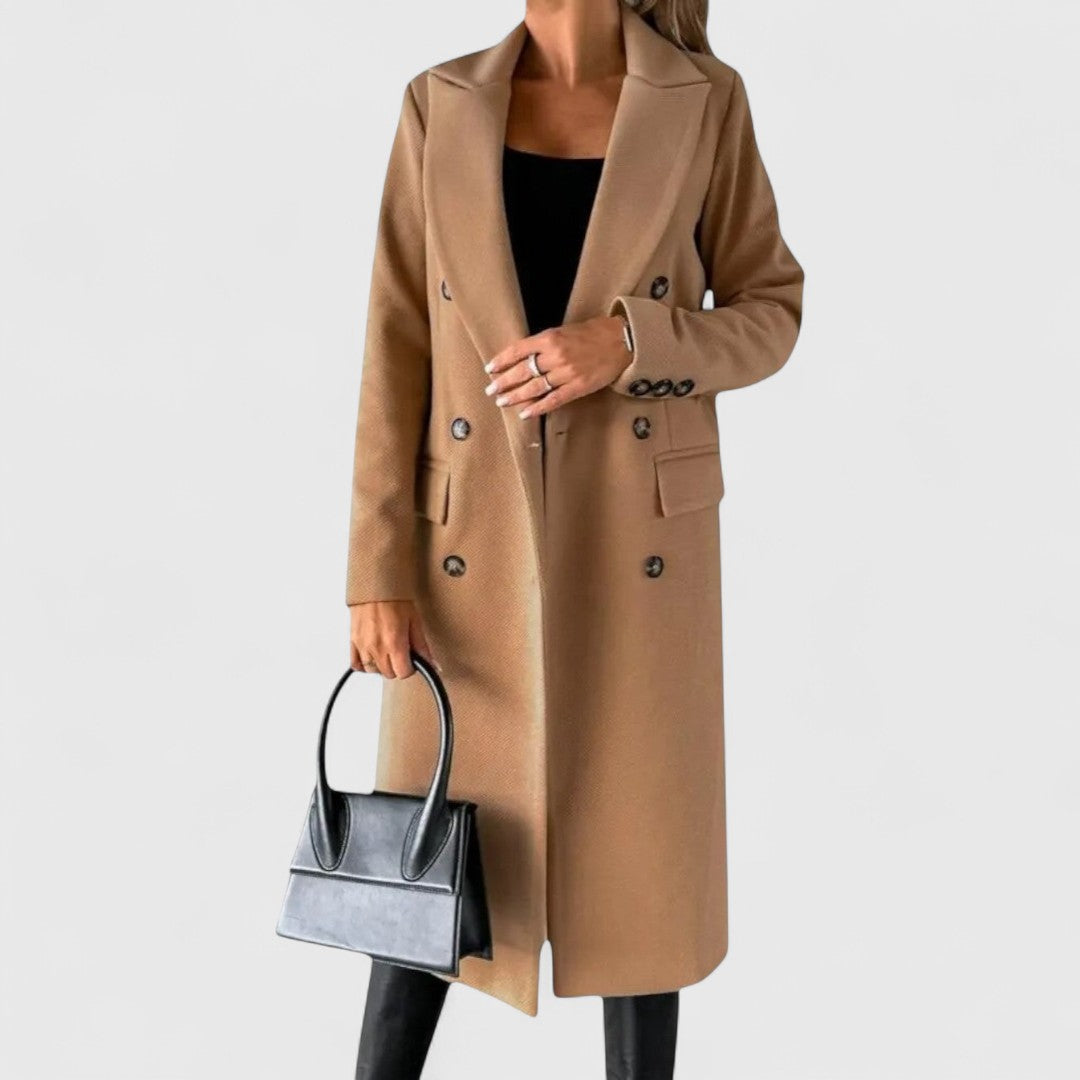 Longline Double Breasted Coat with Belt - Beige