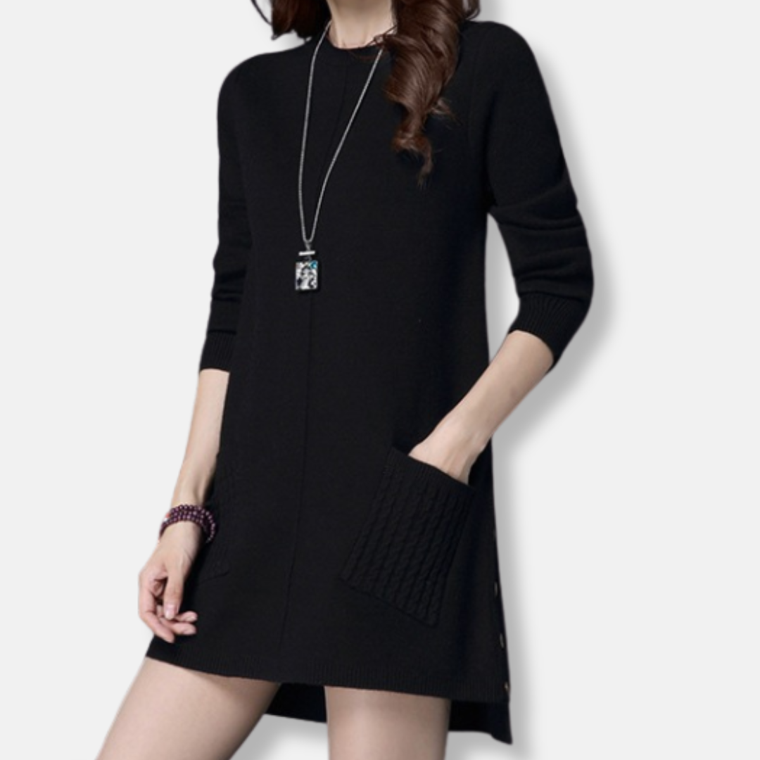 Zara | Knitted Round Neck Long Sleeve Oversized Autumn Winter Tunic Pockets High Low Mini Jumper Dress Women