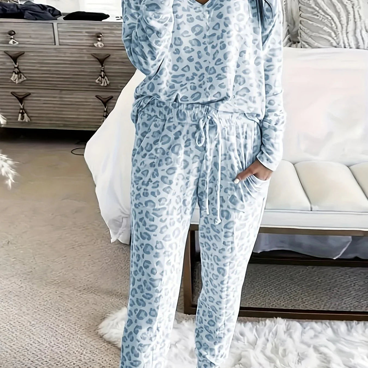 Bree | Leopard Print Jersey Long Sleeve Cuffed Pockets Autumn Pyjamas Women