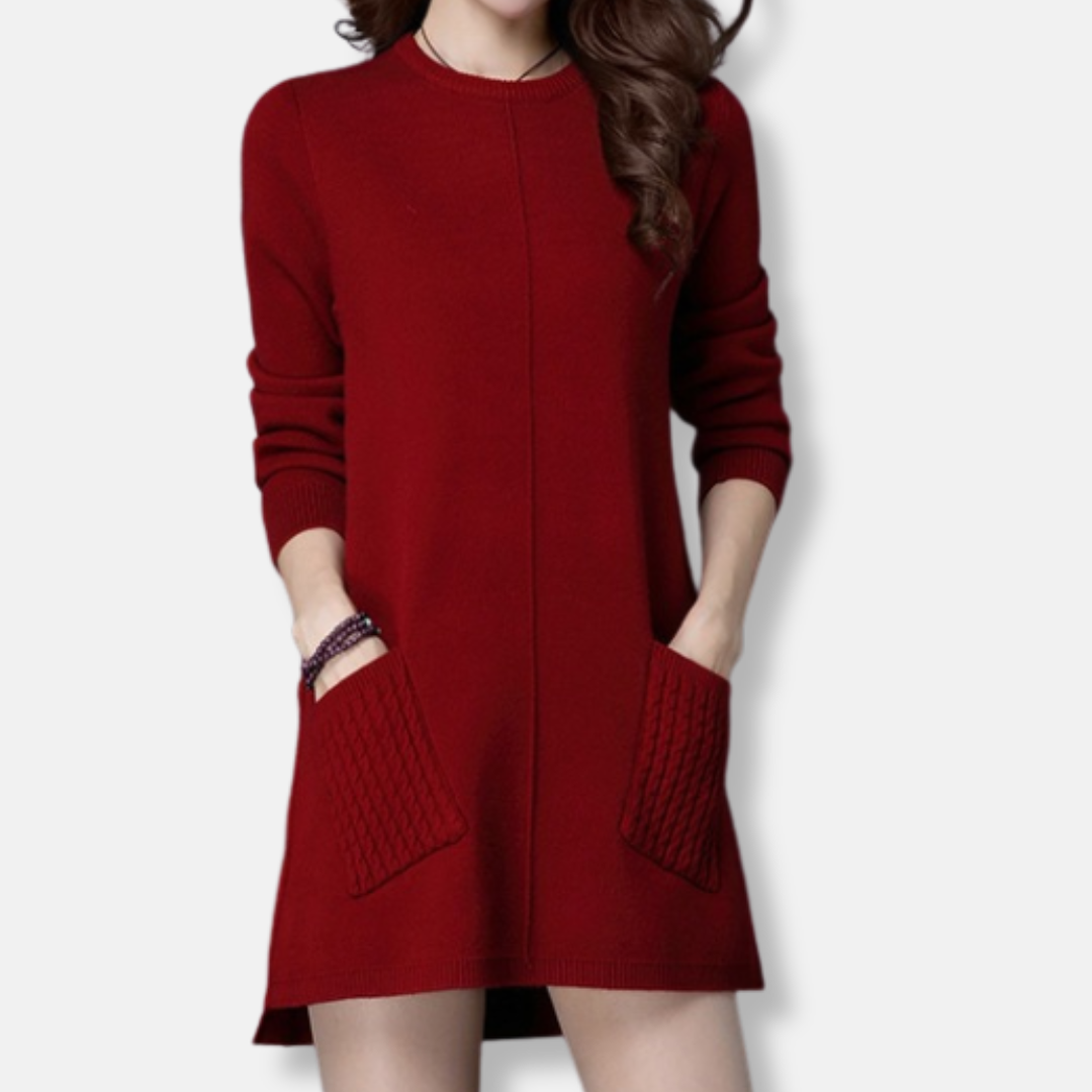 Zara | Knitted Round Neck Long Sleeve Oversized Autumn Winter Tunic Pockets High Low Mini Jumper Dress Women