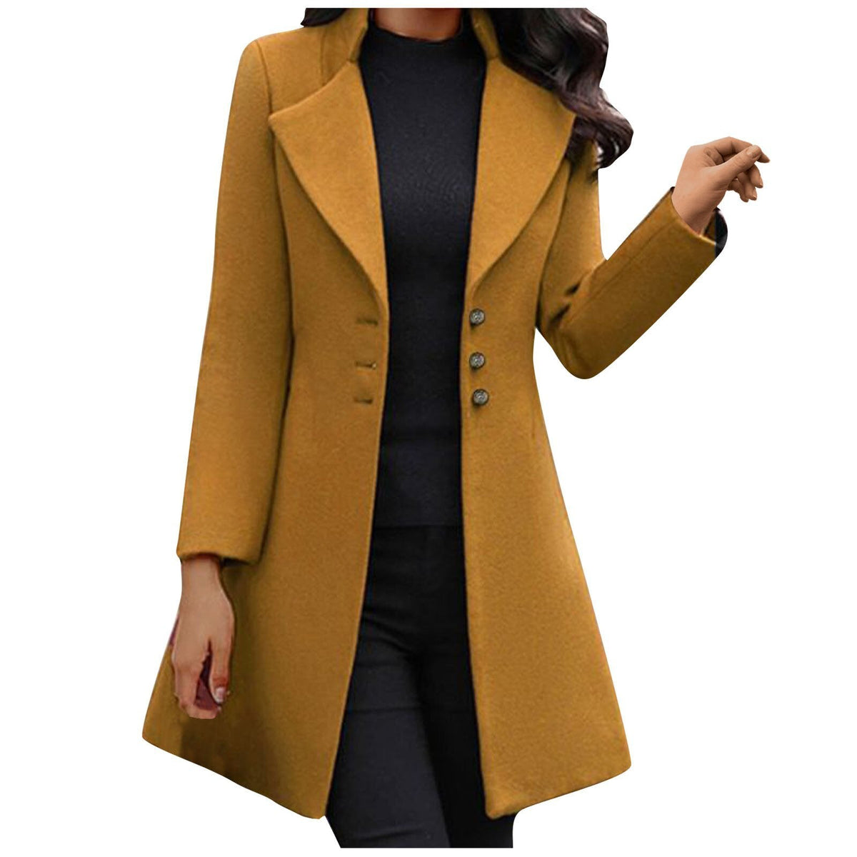 Mid-Length Lapel Coat with Button Front - Black