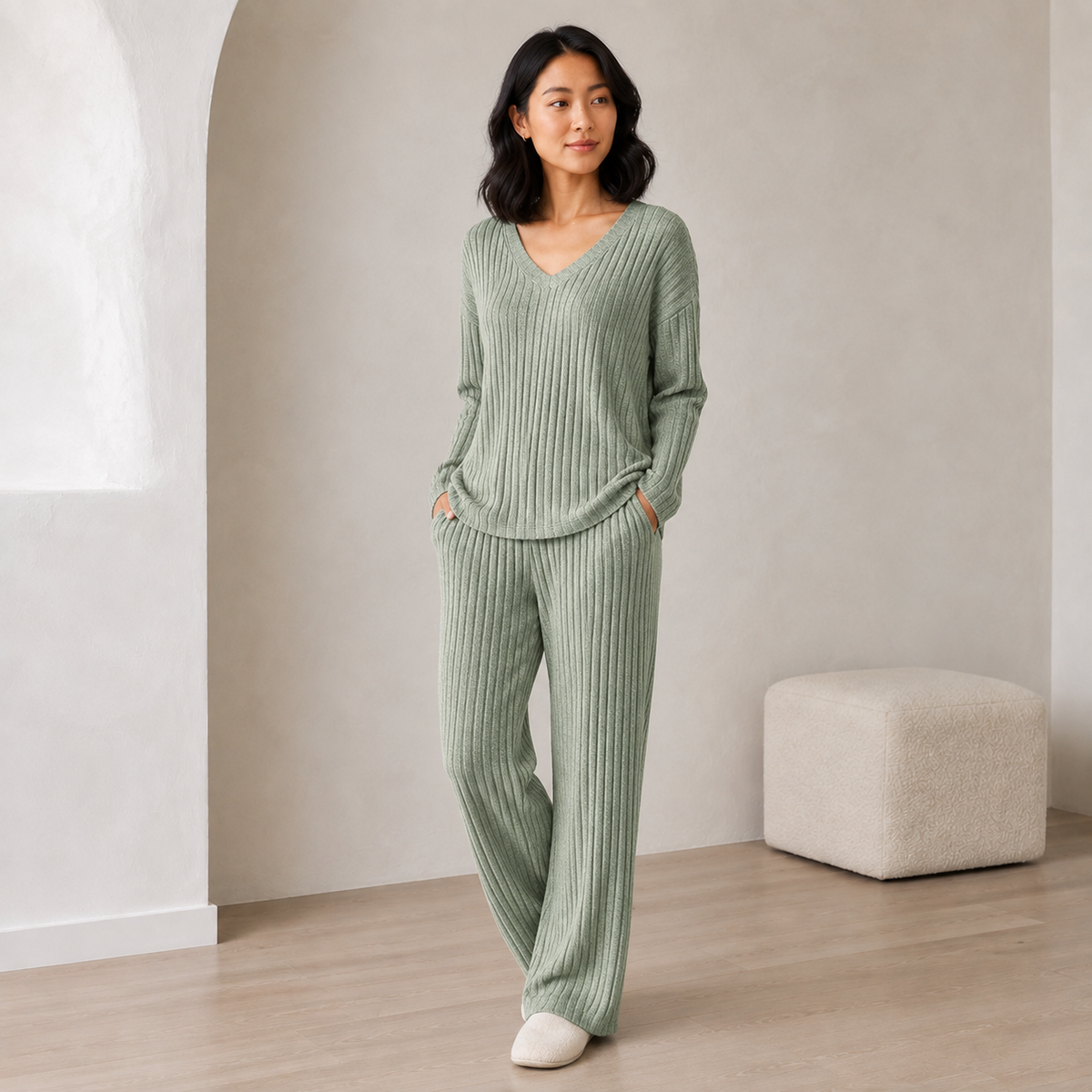 Rose | Ribbed Knitted V Neck Long Sleeve Wide Leg Trouser Oversized Co Ord Set Women
