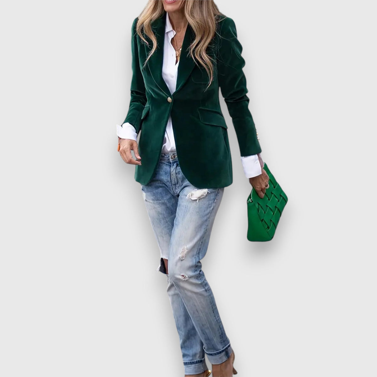 Velvet Blazer with Notched Lapel - Emerald Green