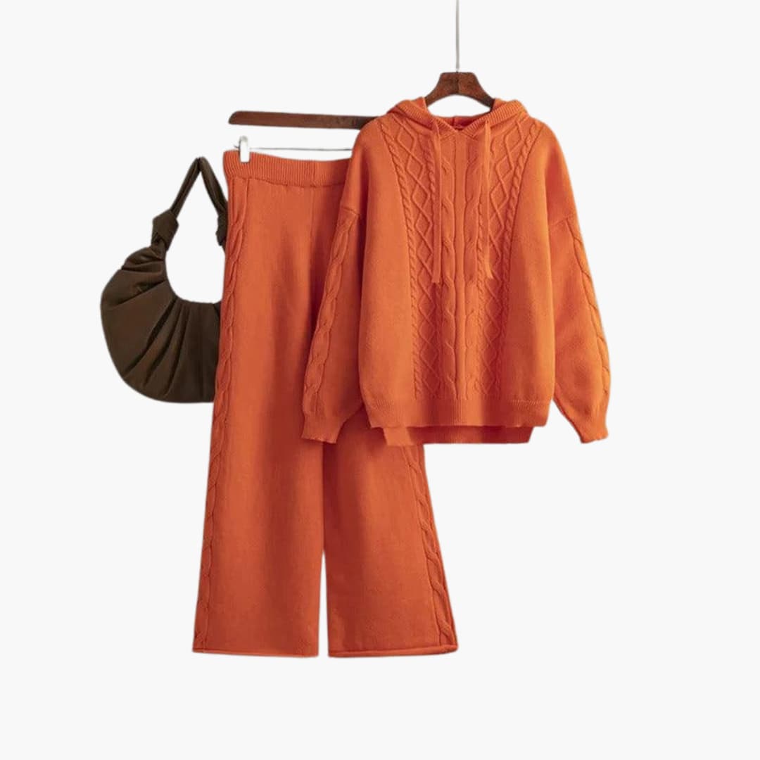 Nell | Knitted Long Sleeve Oversized Hooded Autumn Winter Wide Leg Trouser Co Ord Set Women