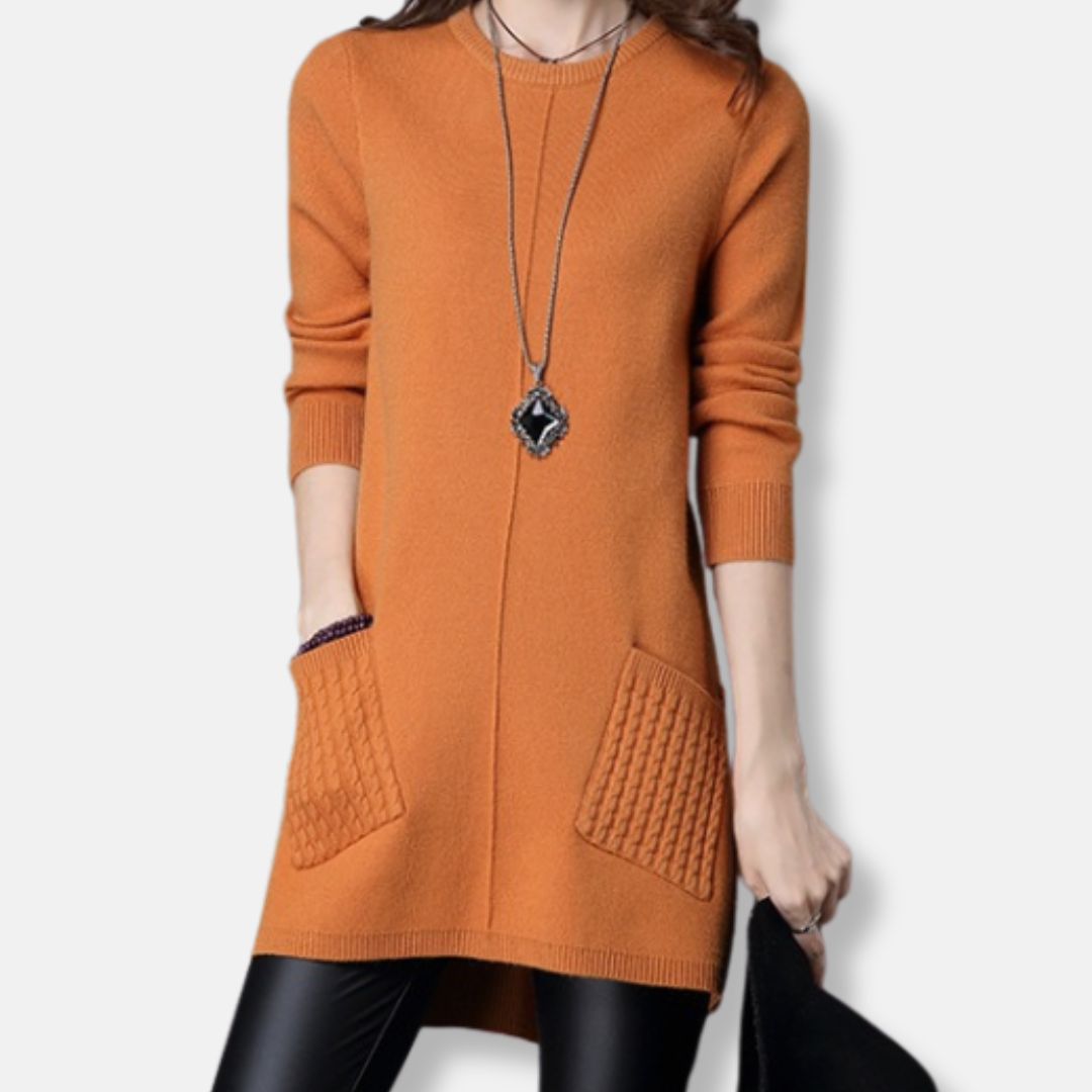 Zara | Knitted Round Neck Long Sleeve Oversized Autumn Winter Tunic Pockets High Low Mini Jumper Dress Women