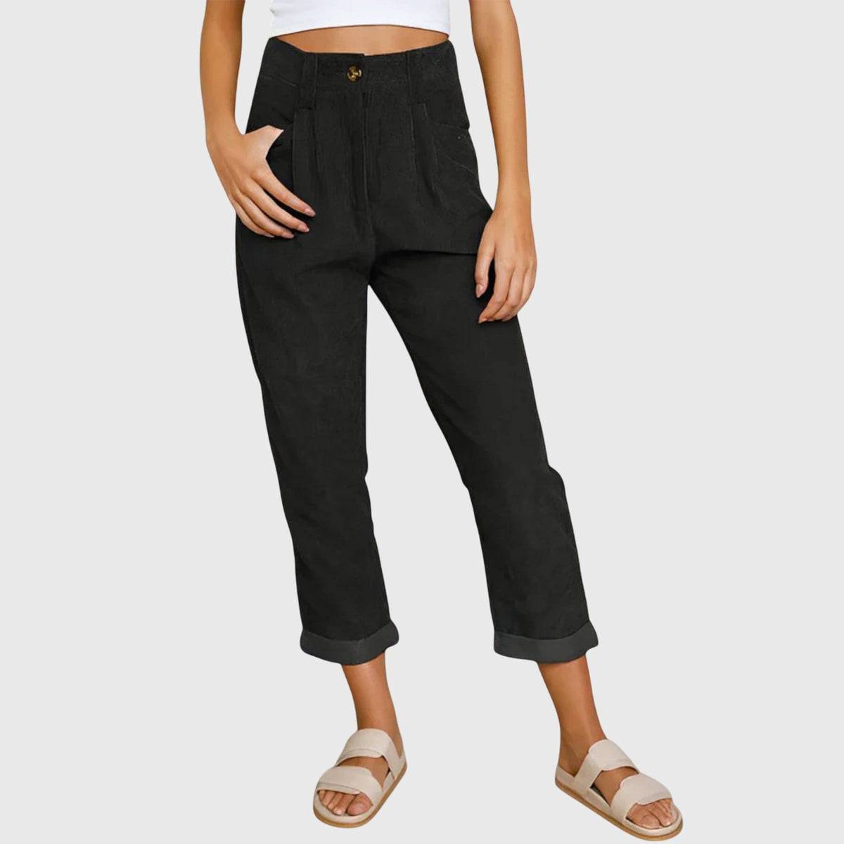 Peggy | High Waisted Pleated Corduroy Turn Up Cropped Ribbed Pocket Autumn Tapered Trousers Women