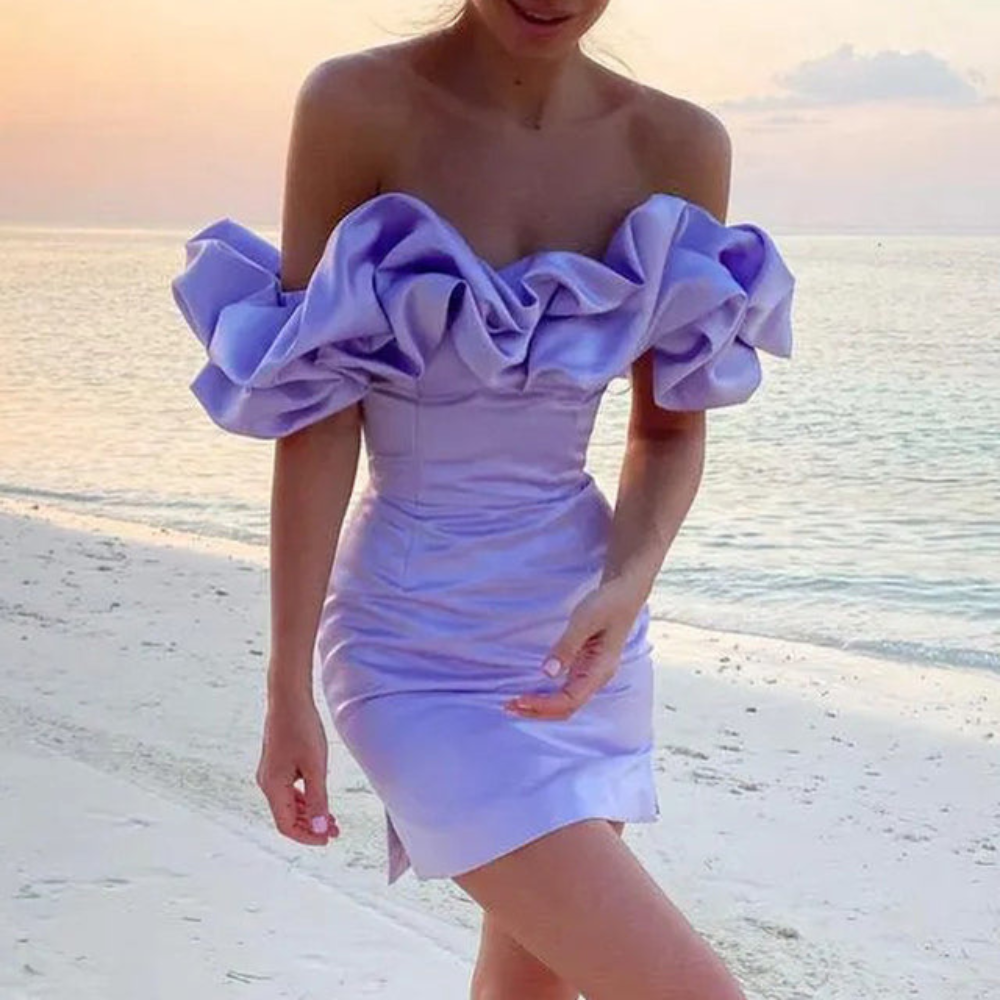 Heidi | Off Shoulder Puff Sleeve Ruched Satin Mini Party Cocktail Dress Ladies