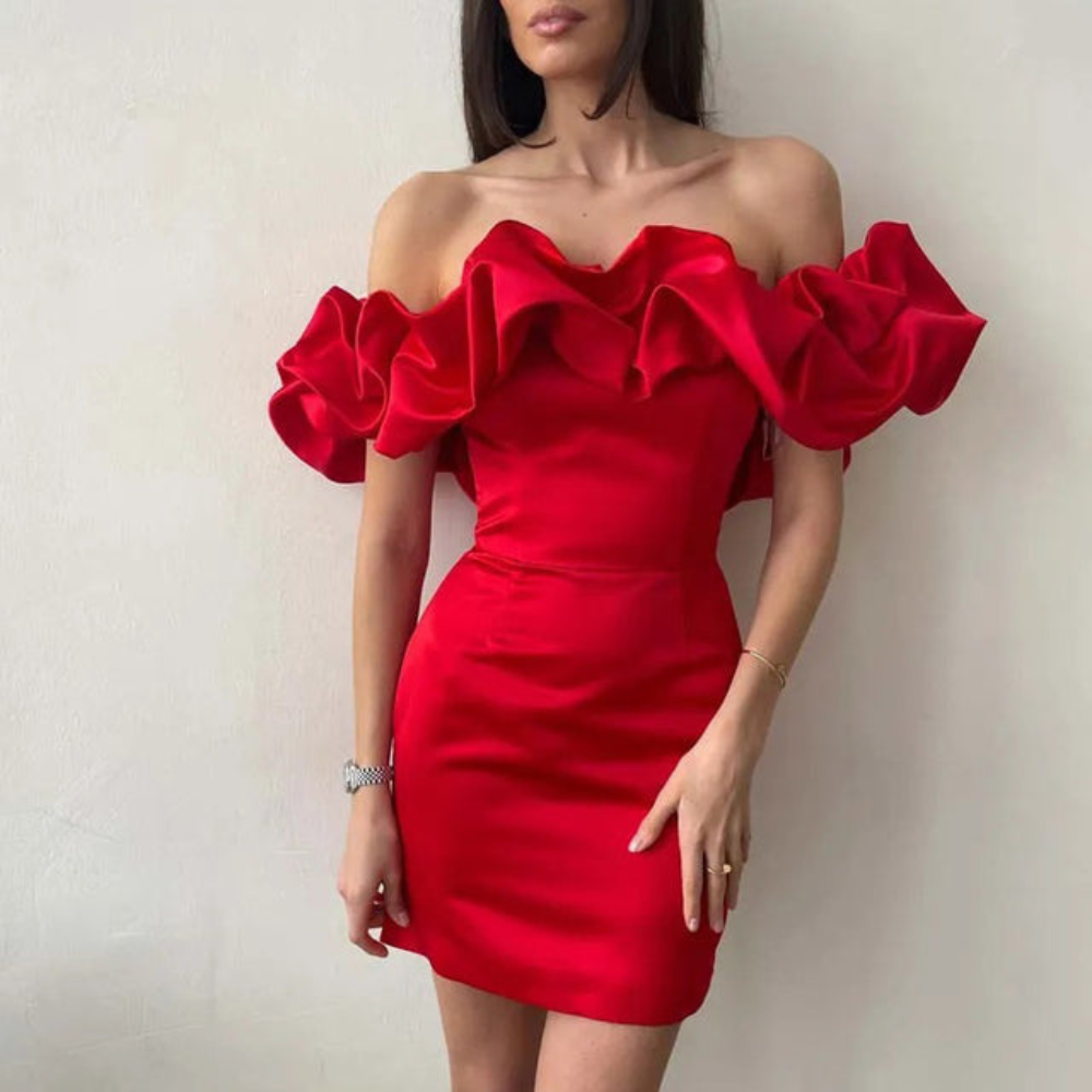 Heidi | Off Shoulder Puff Sleeve Ruched Satin Mini Party Cocktail Dress Ladies