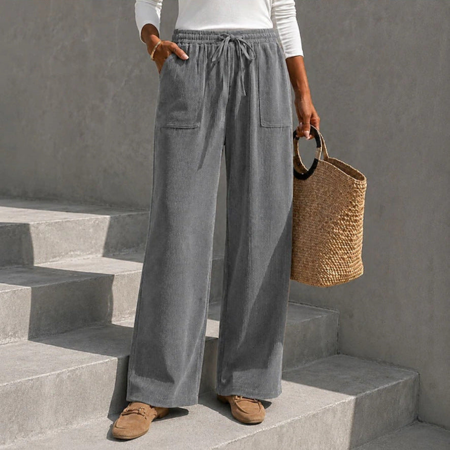 Flo | Loose Drawstring Elasticated Pockets Autumn Corduroy Wide Leg Trousers Women