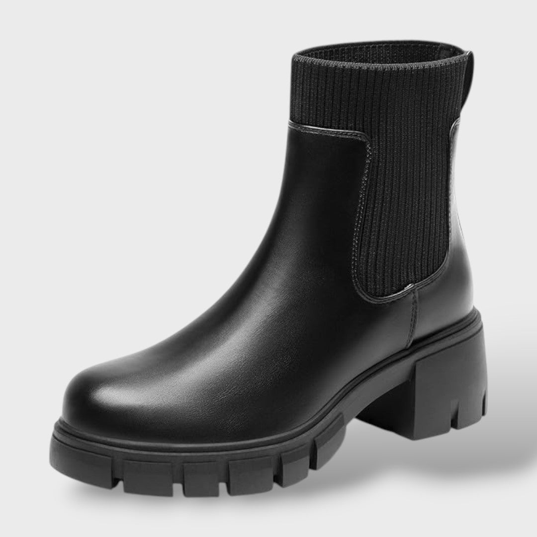 Gwen | Knitted Sock Round Toe Faux Leather Chunky Lug Autumn Platform Block Heel Chelsea Boots Women