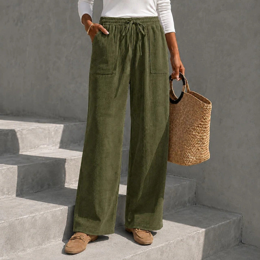 Flo | Loose Drawstring Elasticated Pockets Autumn Corduroy Wide Leg Trousers Women