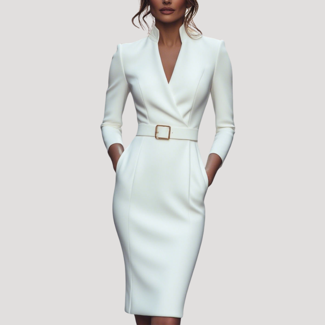 Darcy | Bodycon Belted V Neck Autumn Work Interview Midi Long Sleeve Dress Women