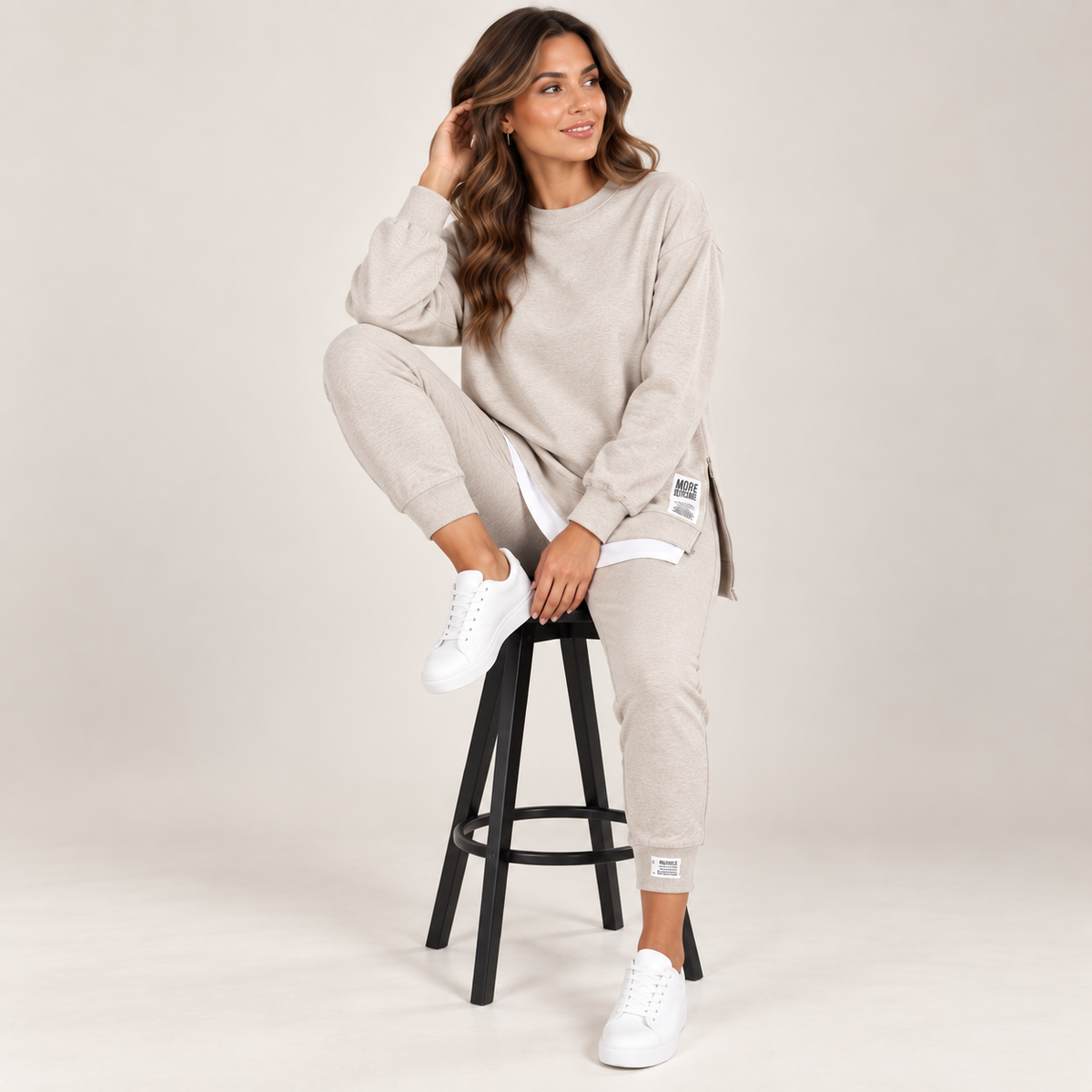 Kya | Knitted Oversized Long Sleeve Crew Neck Side Zip Cuffed Autumn Jogger Tracksuit Women