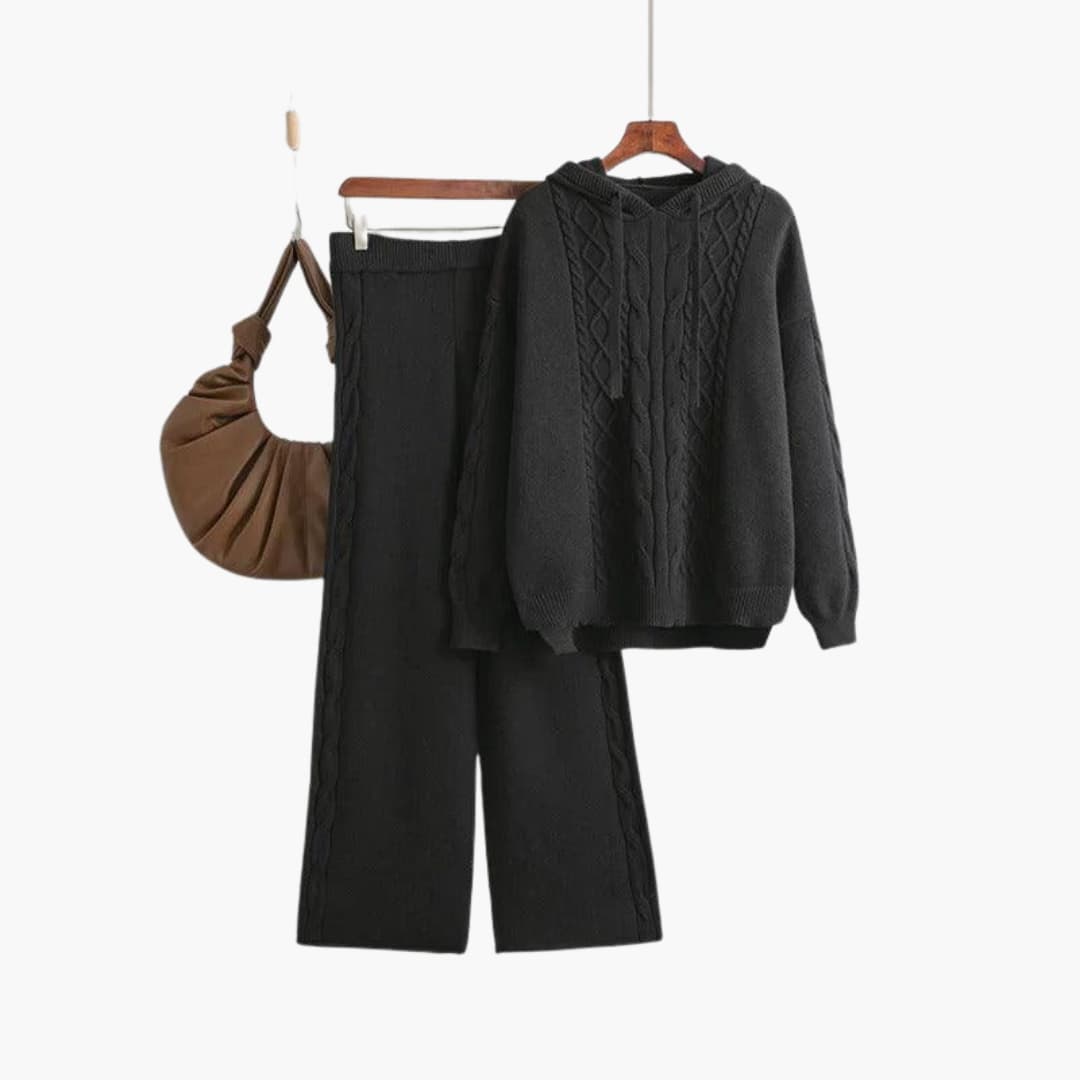 Nell | Knitted Long Sleeve Oversized Hooded Autumn Winter Wide Leg Trouser Co Ord Set Women