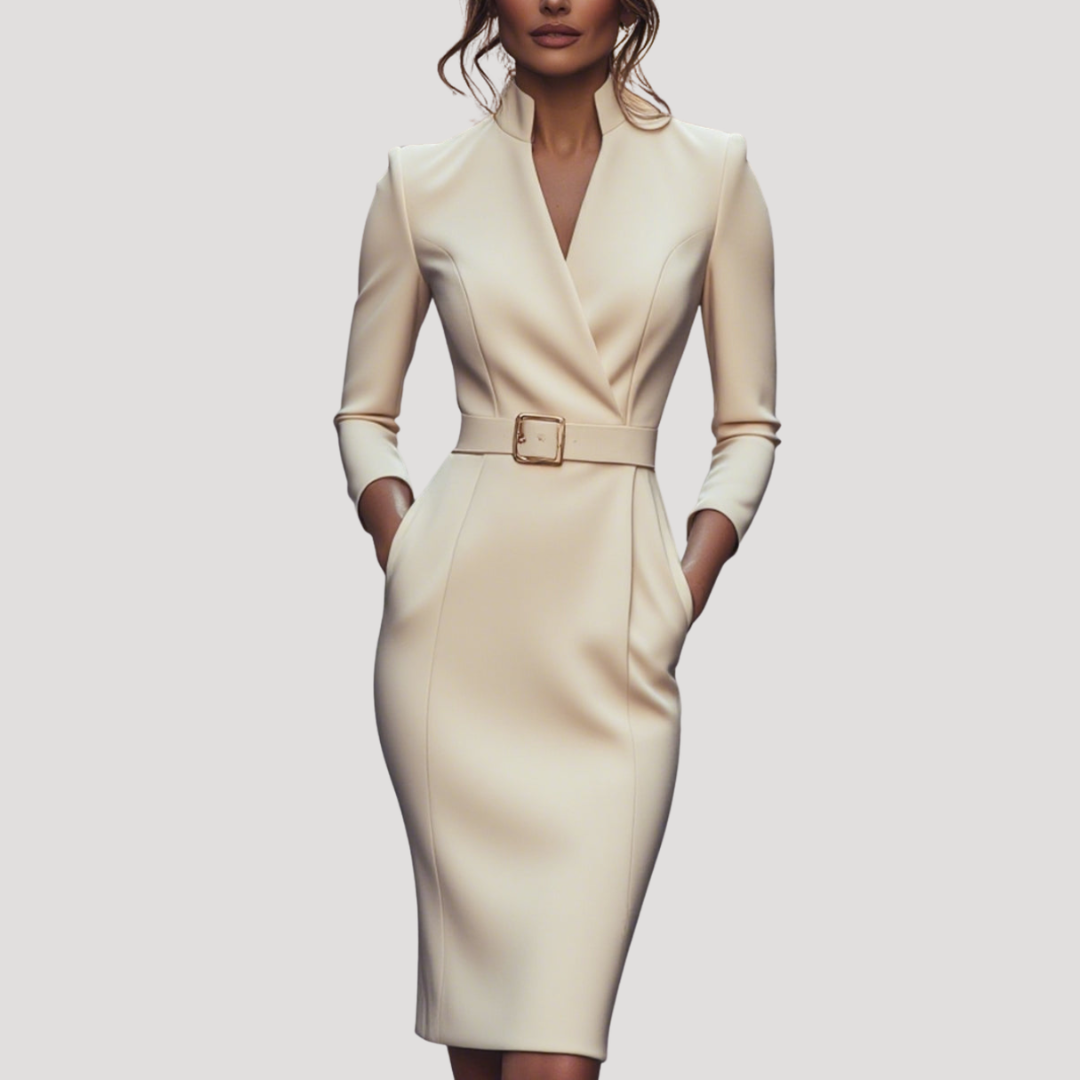 Darcy | Bodycon Belted V Neck Autumn Work Interview Midi Long Sleeve Dress Women