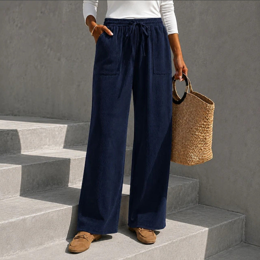 Flo | Loose Drawstring Elasticated Pockets Autumn Corduroy Wide Leg Trousers Women