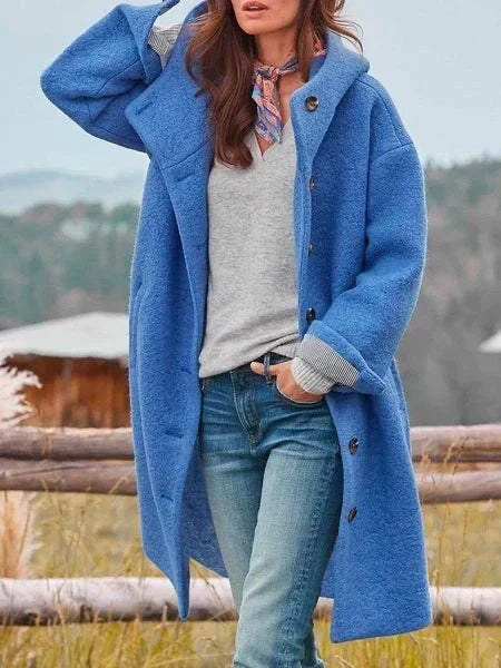 Hooded Longline Wool Coat with Buttons - Raspberry Pink