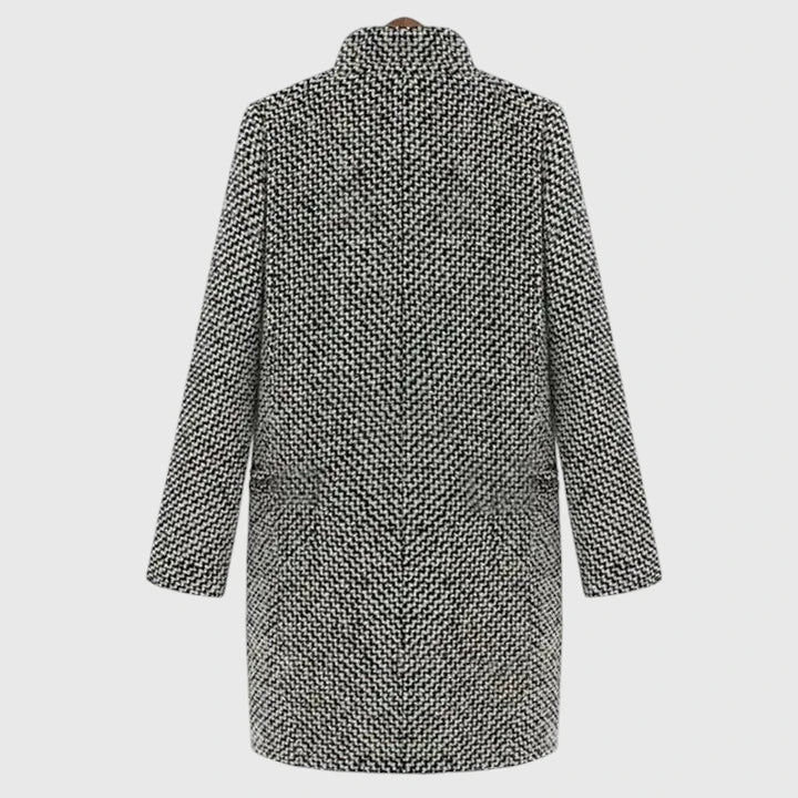 Double Breasted Houndstooth Coat, Longline - Grey