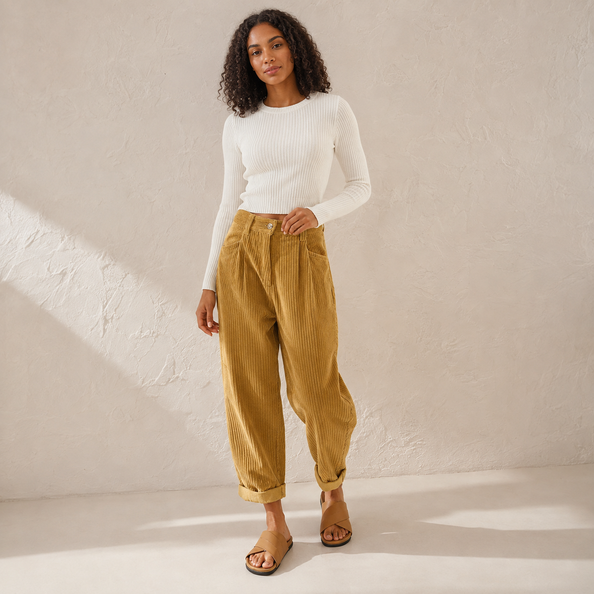 Pia | High Waisted Pleated Corduroy Turn Up Cropped Autumn Tapered Trousers Women