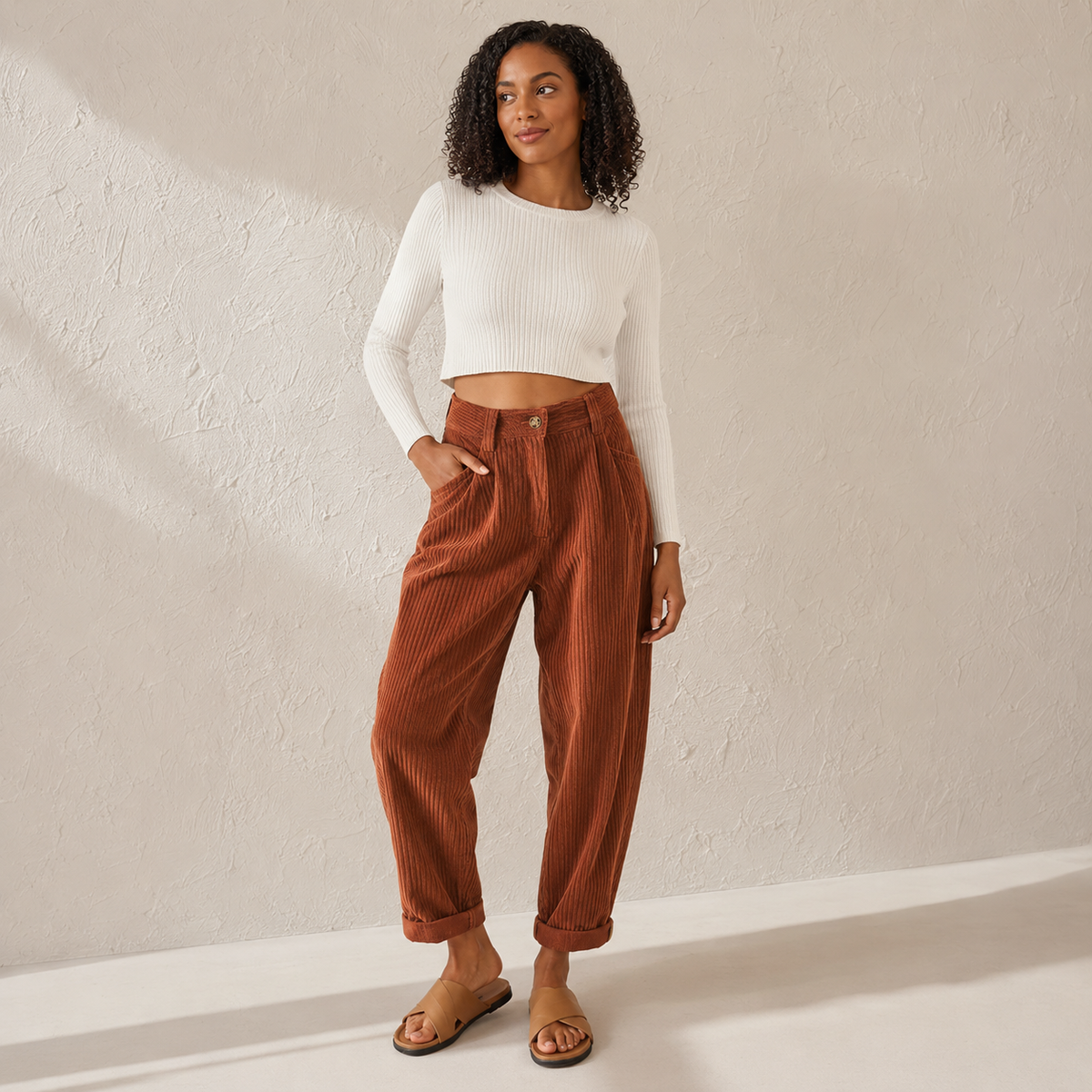 Pia | High Waisted Pleated Corduroy Turn Up Cropped Autumn Tapered Trousers Women