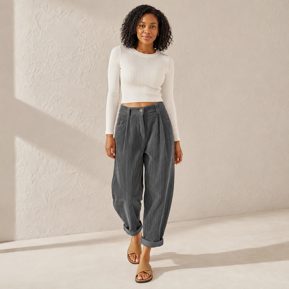 Pia | High Waisted Pleated Corduroy Turn Up Cropped Autumn Tapered Trousers Women