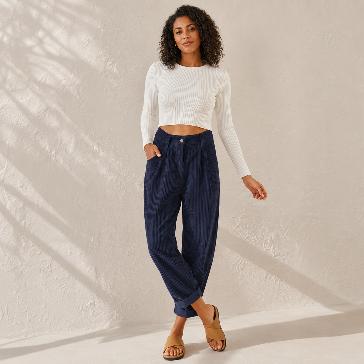 Pia | High Waisted Pleated Corduroy Turn Up Cropped Autumn Tapered Trousers Women