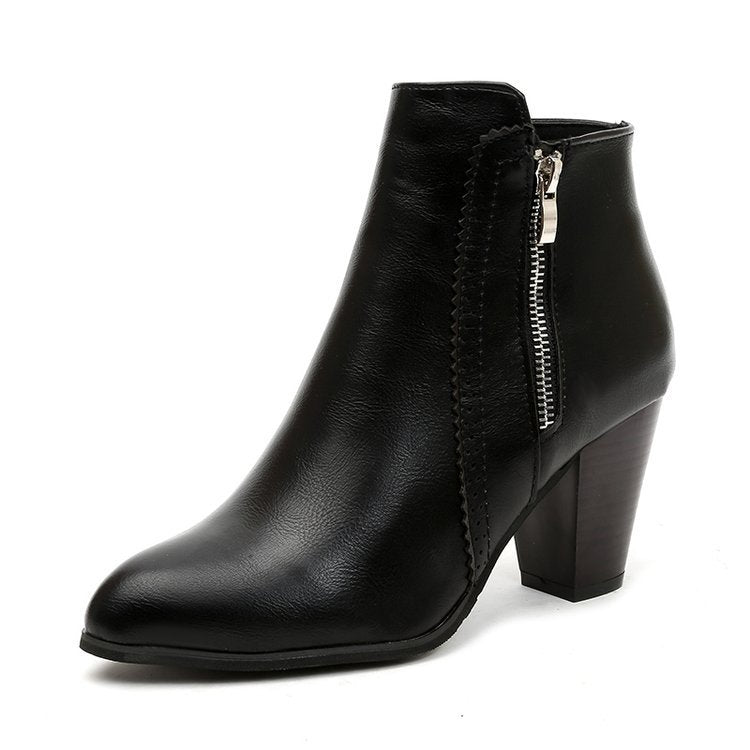 Ruth | Brogue Block Heeled Pointed Toe Zip Up Autumn Smart Faux Leather Ankle Boots Women