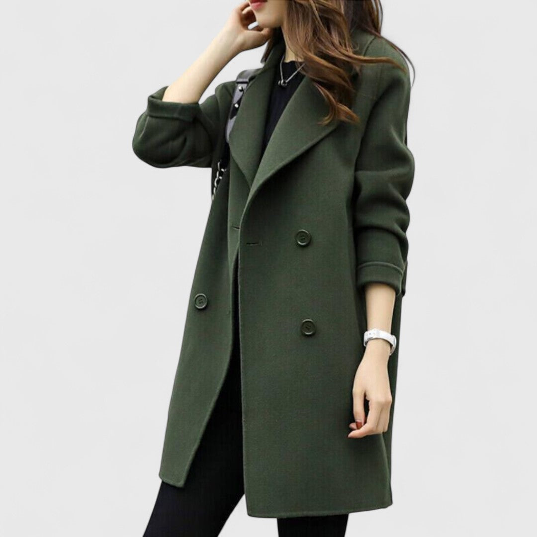 Double Breasted Wrap Coat with Wide Lapel - Dark Green