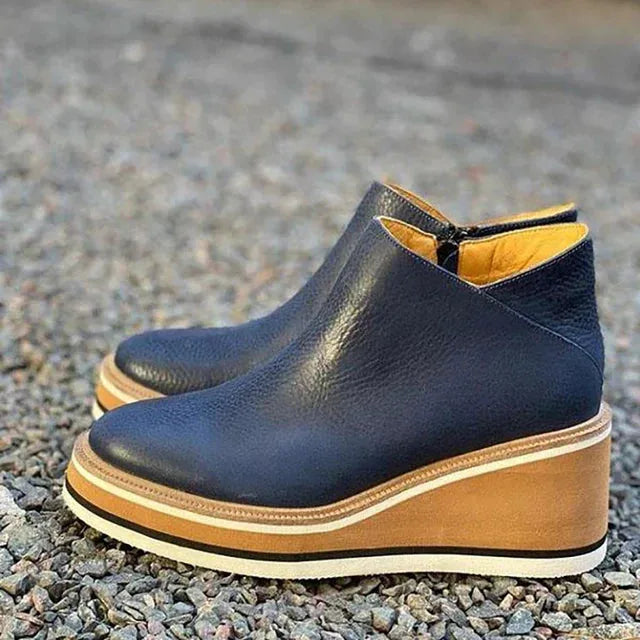 Keira | Wedge Platform Round Toe Zip Up Autumn Faux Leather Ankle Boots Women