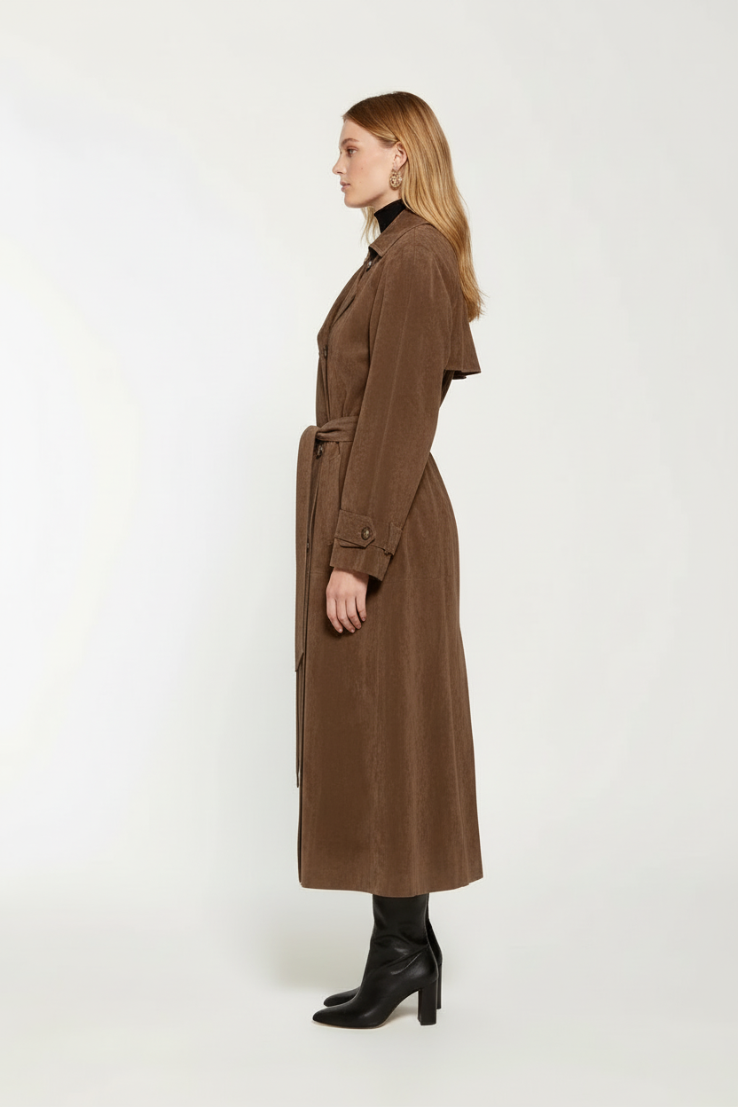Long Suede Trench Coat with Belt - Brown